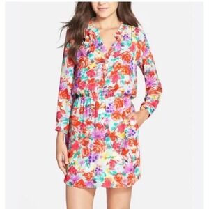 CHARLES HENRY Floral Small Smocked Waist Mini Dress Pink Green Sleeve Resortcore